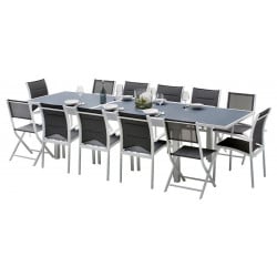 Ensemble Modulo Full Verre Blanc Table 8/12 places + 8 Fauteuils + 4 Chaises pliantes