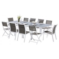 Ensemble Modulo Full Verre Blanc Table 6/10 places + 6 Fauteuils + 4 Chaises pliantes