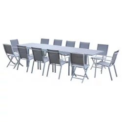 Ensemble Tulum Aluminium Table 8/12 places + 8 Fauteuils + 4 Chaises pliantes