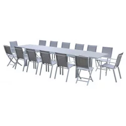 Ensemble Tulum Aluminium Table 10/14 places + 10 Fauteuils + 4 Chaises pliantes