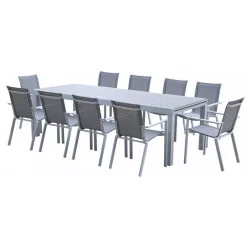 Ensemble Tulum Aluminium Table 10/14 places + 10 Fauteuils