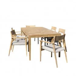 Ensemble Calvi en Teck massif et Cordage beige - Table 6/8 places + 6 Fauteuils - WILSA